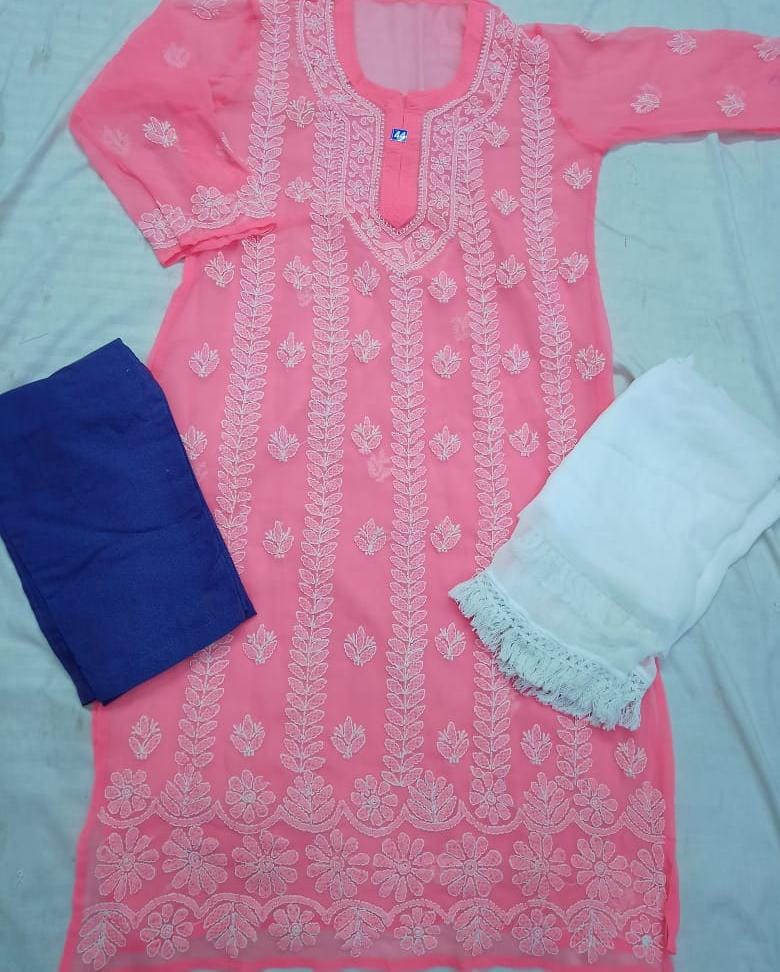 Georgette Kurti With Cotton Pant & Dupatta