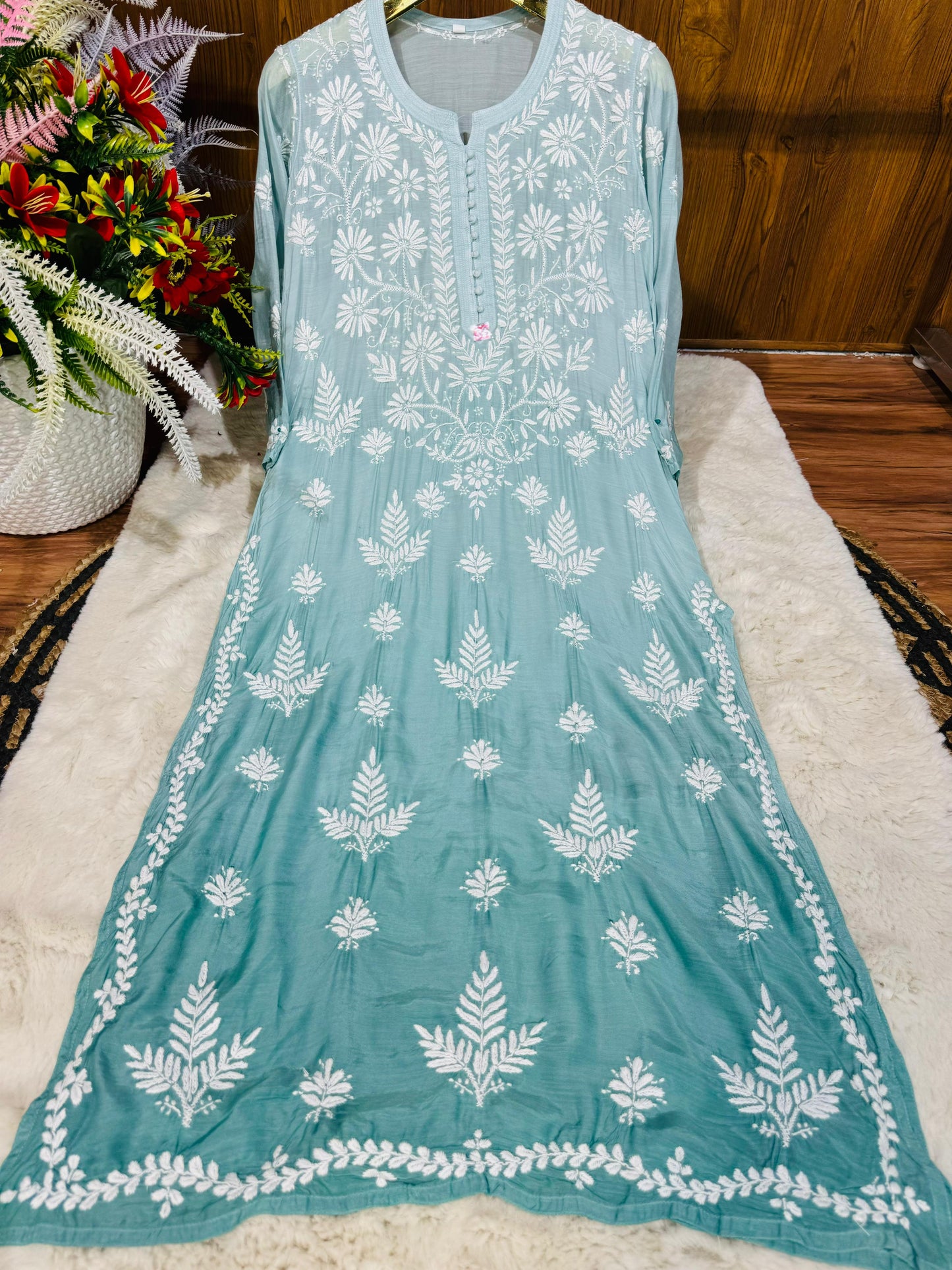 Muslin 3D chikankari handwork ombre dyed kurta