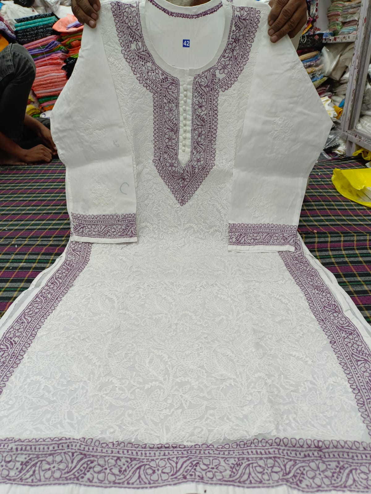 Voil cotton kurta with color thread chikankari on neck Daman and seleaves