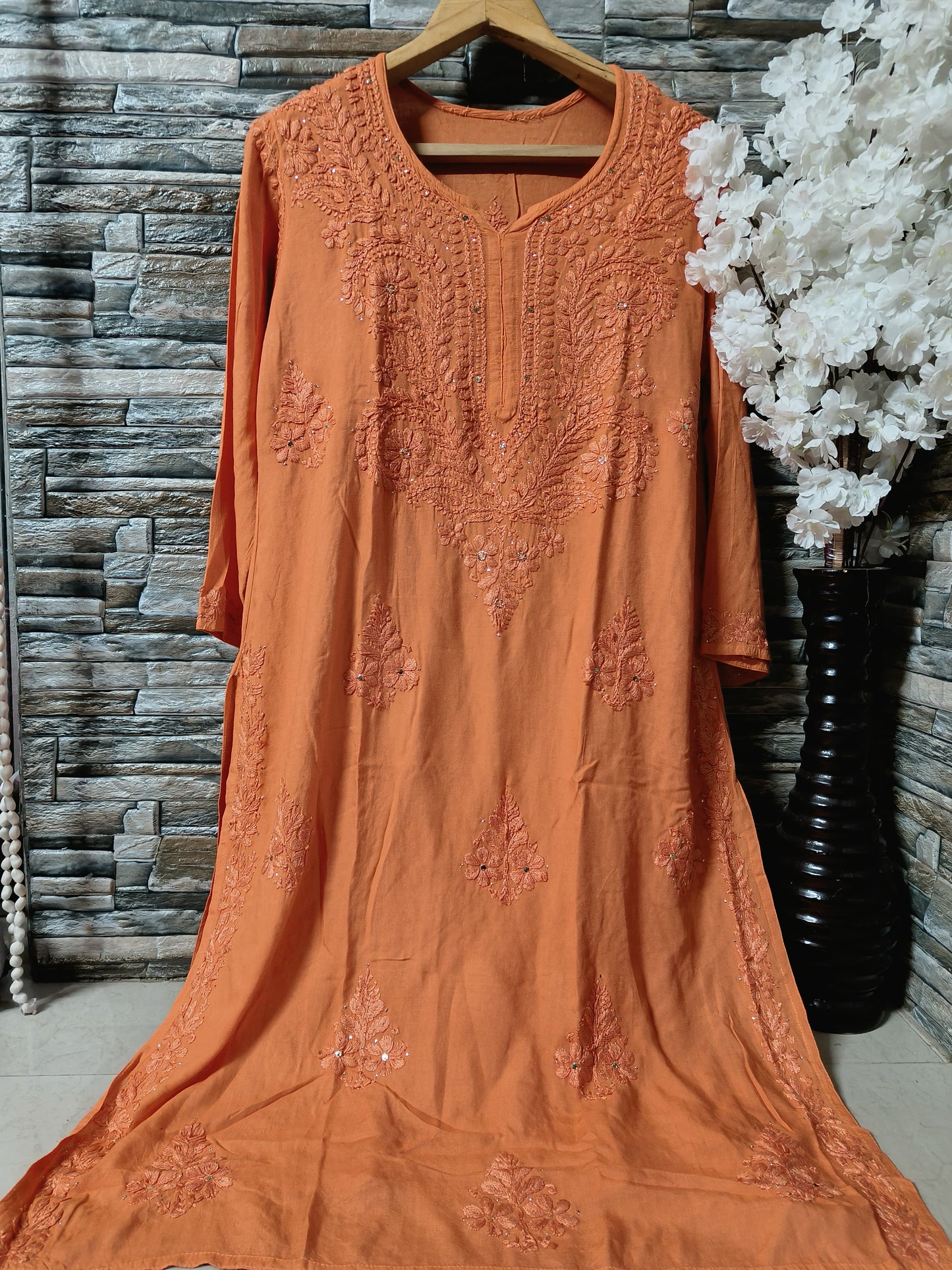 Rayon kurta with mukaish work and chikankari handwork