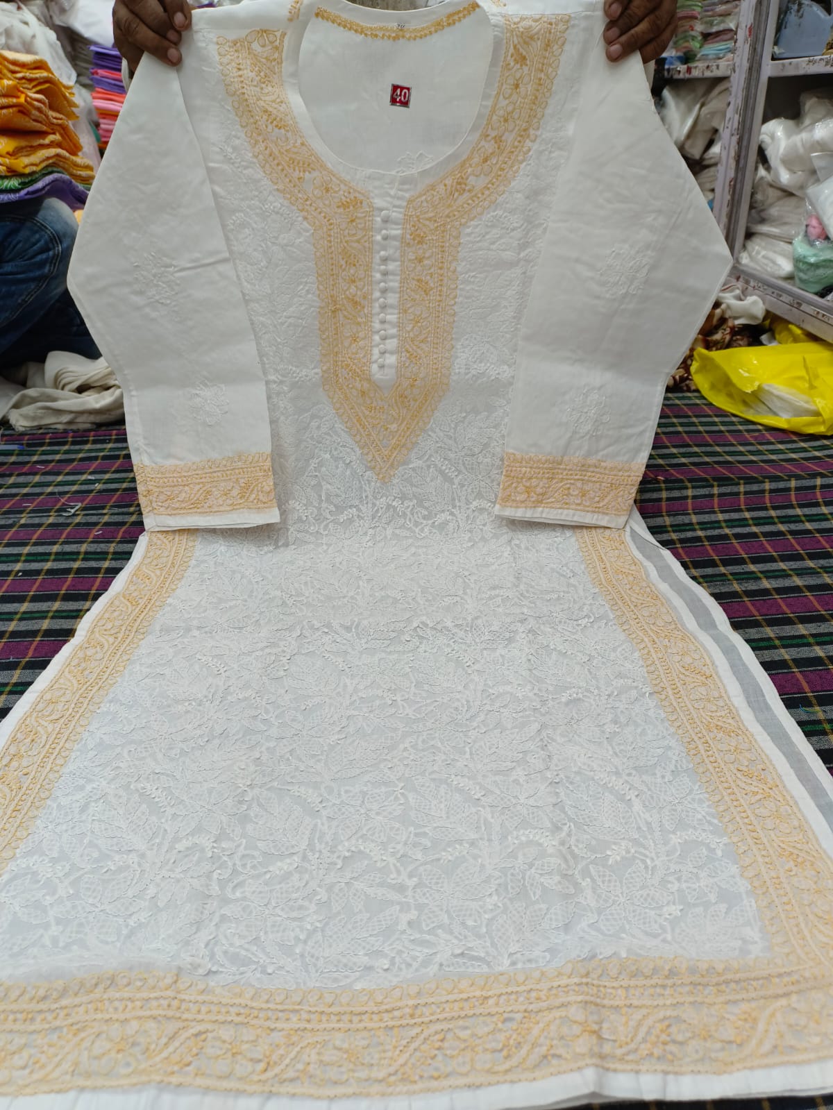 Voil cotton kurta with color thread chikankari on neck Daman and seleaves