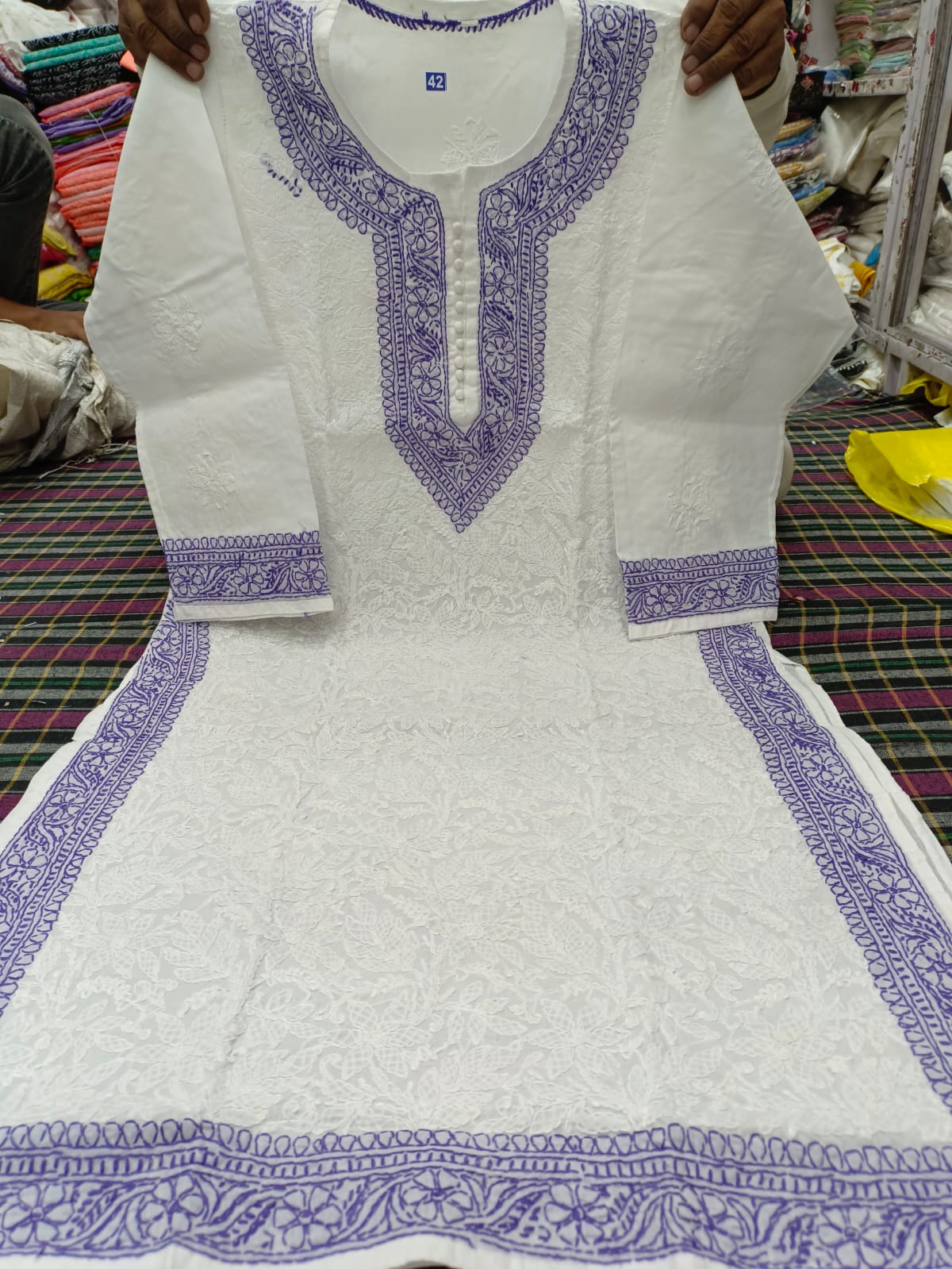 Voil cotton kurta with color thread chikankari on neck Daman and seleaves