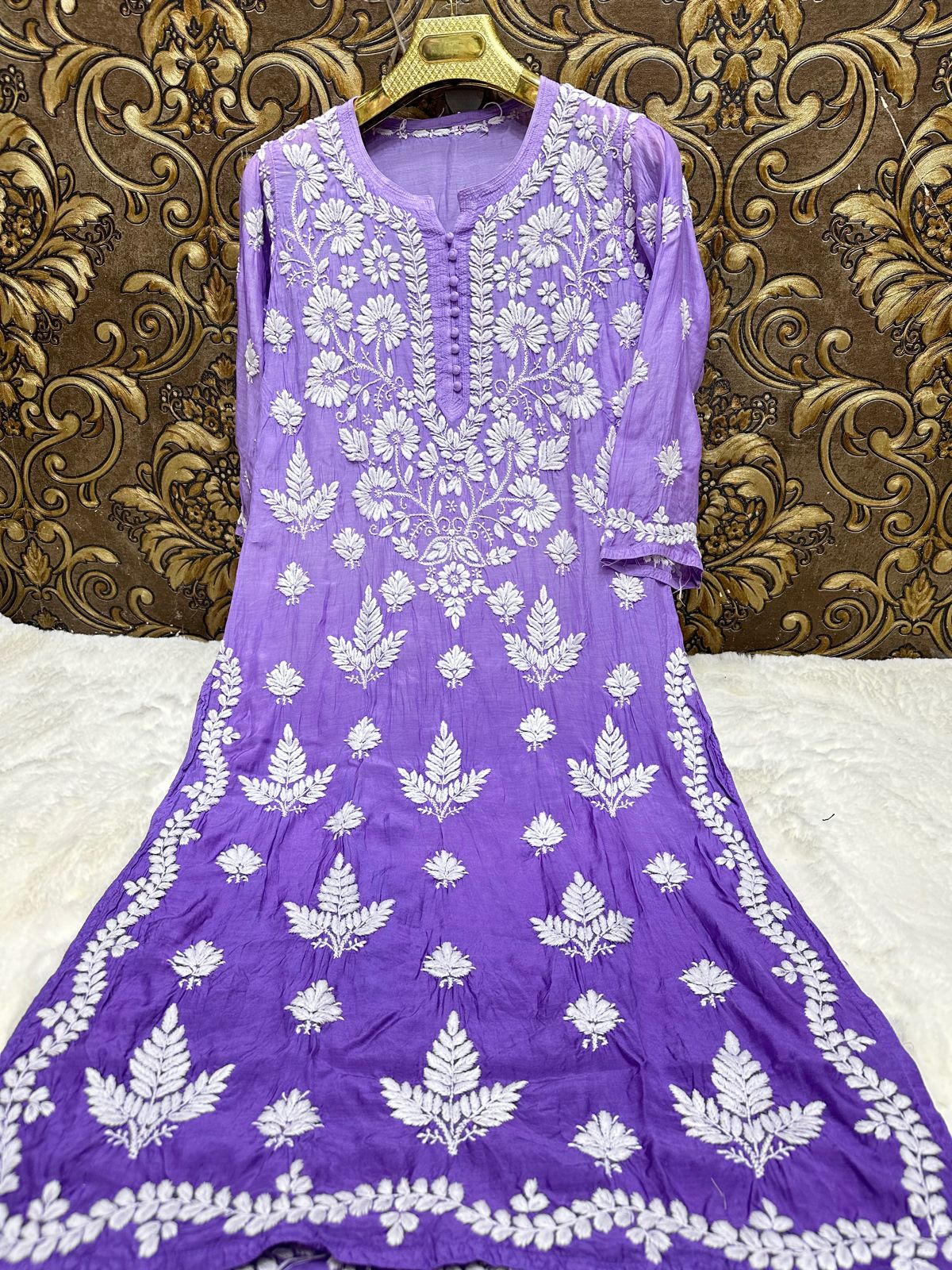 Muslin 3D chikankari handwork ombre dyed kurta