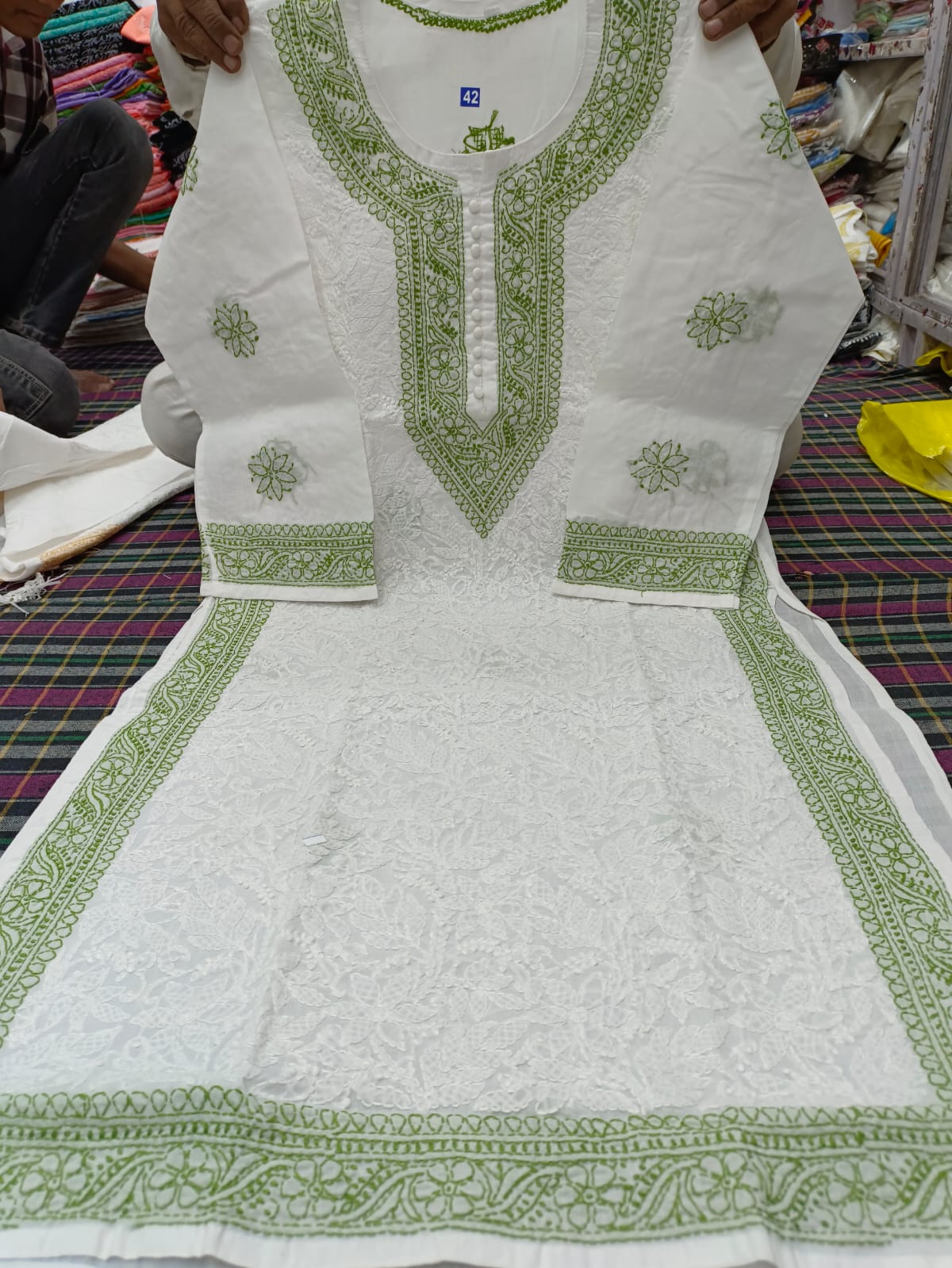 Voil cotton kurta with color thread chikankari on neck Daman and seleaves