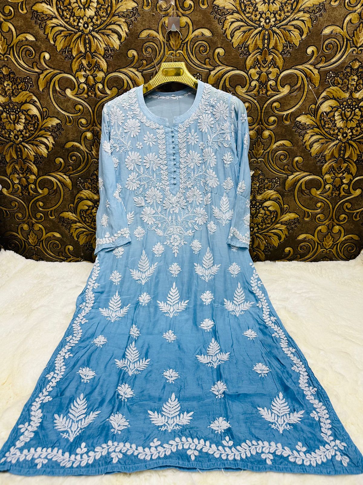 Muslin 3D chikankari handwork ombre dyed kurta