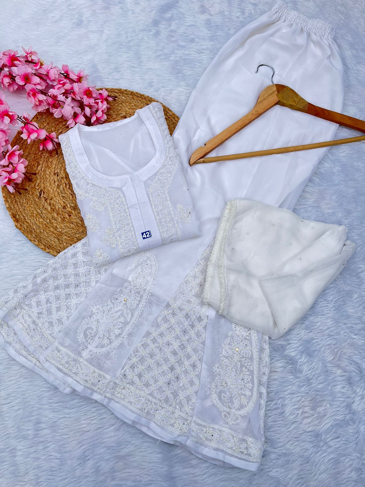 3pc georgette kurta, sharara and dupatta set with mukesh work