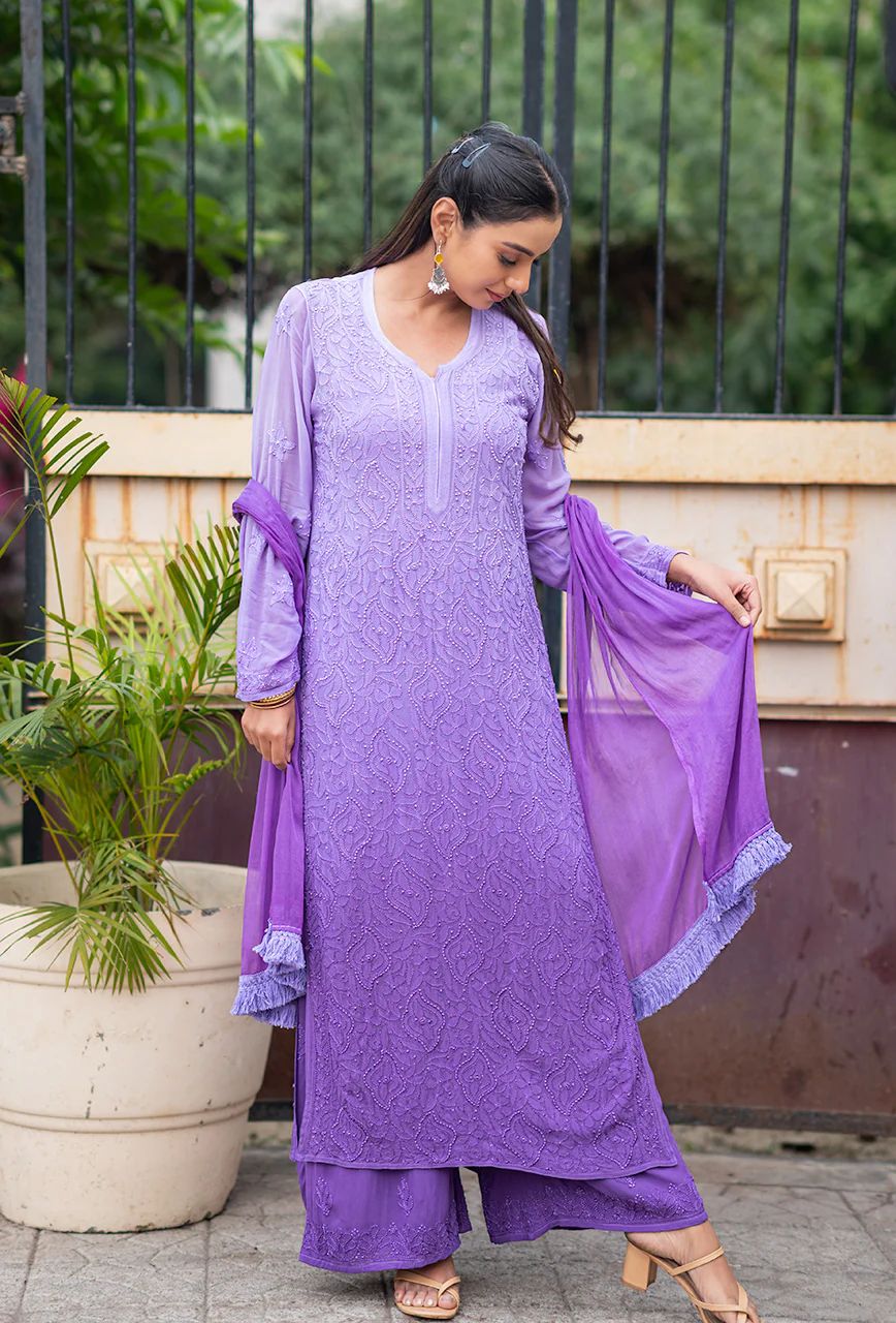 Viscose georgette 3pc set with Resham thread chikankari handwork