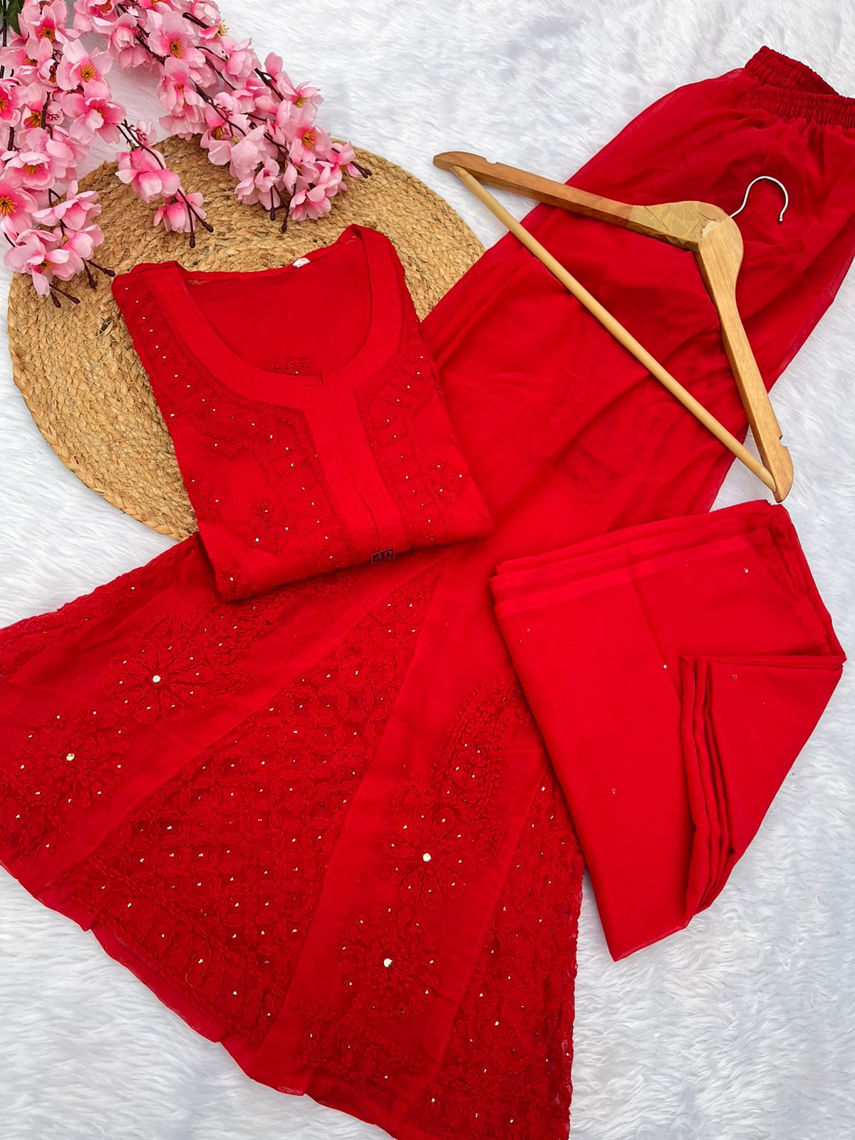 3pc georgette kurta, sharara and dupatta set with mukesh work
