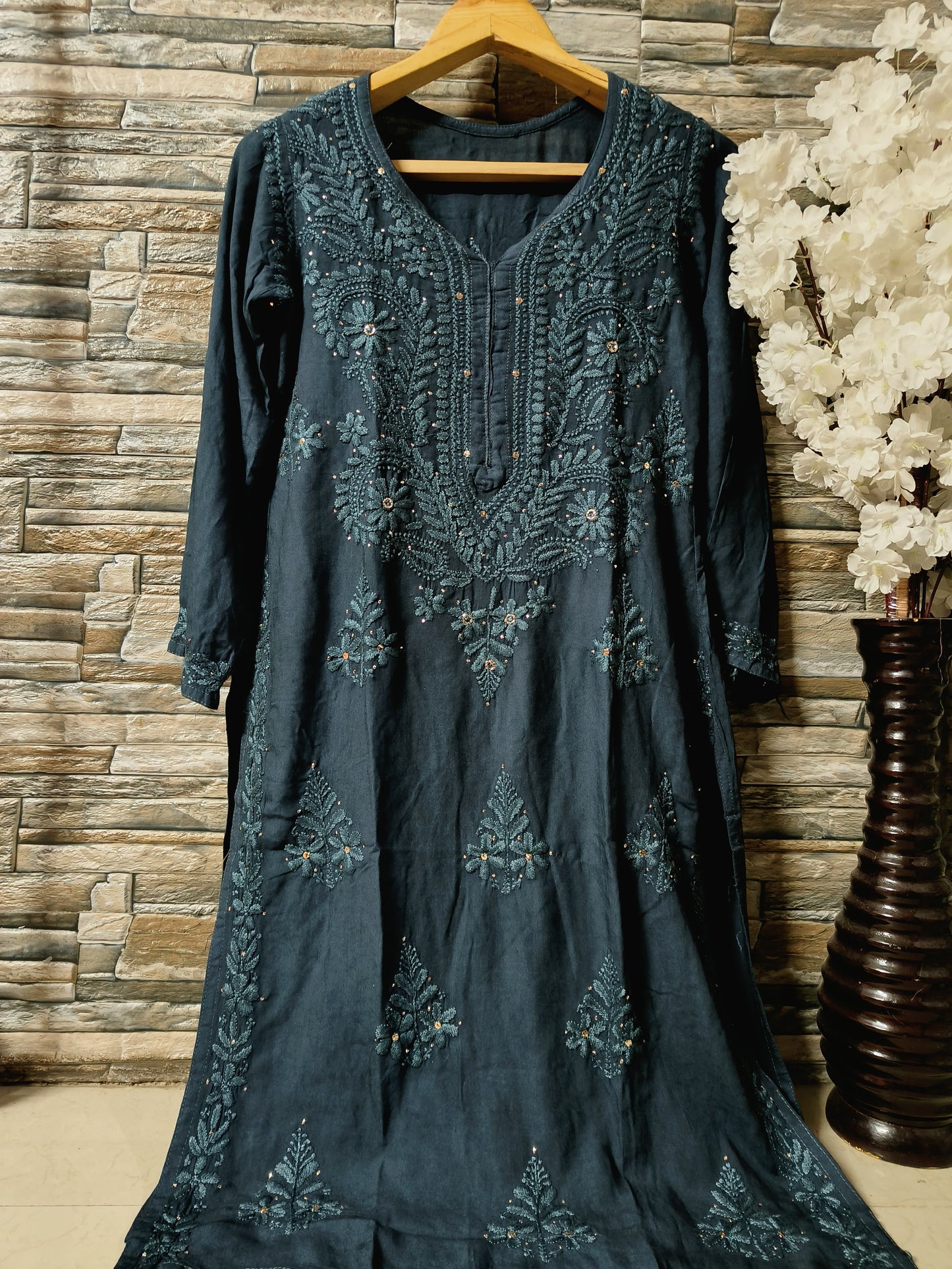 Rayon kurta with mukaish work and chikankari handwork