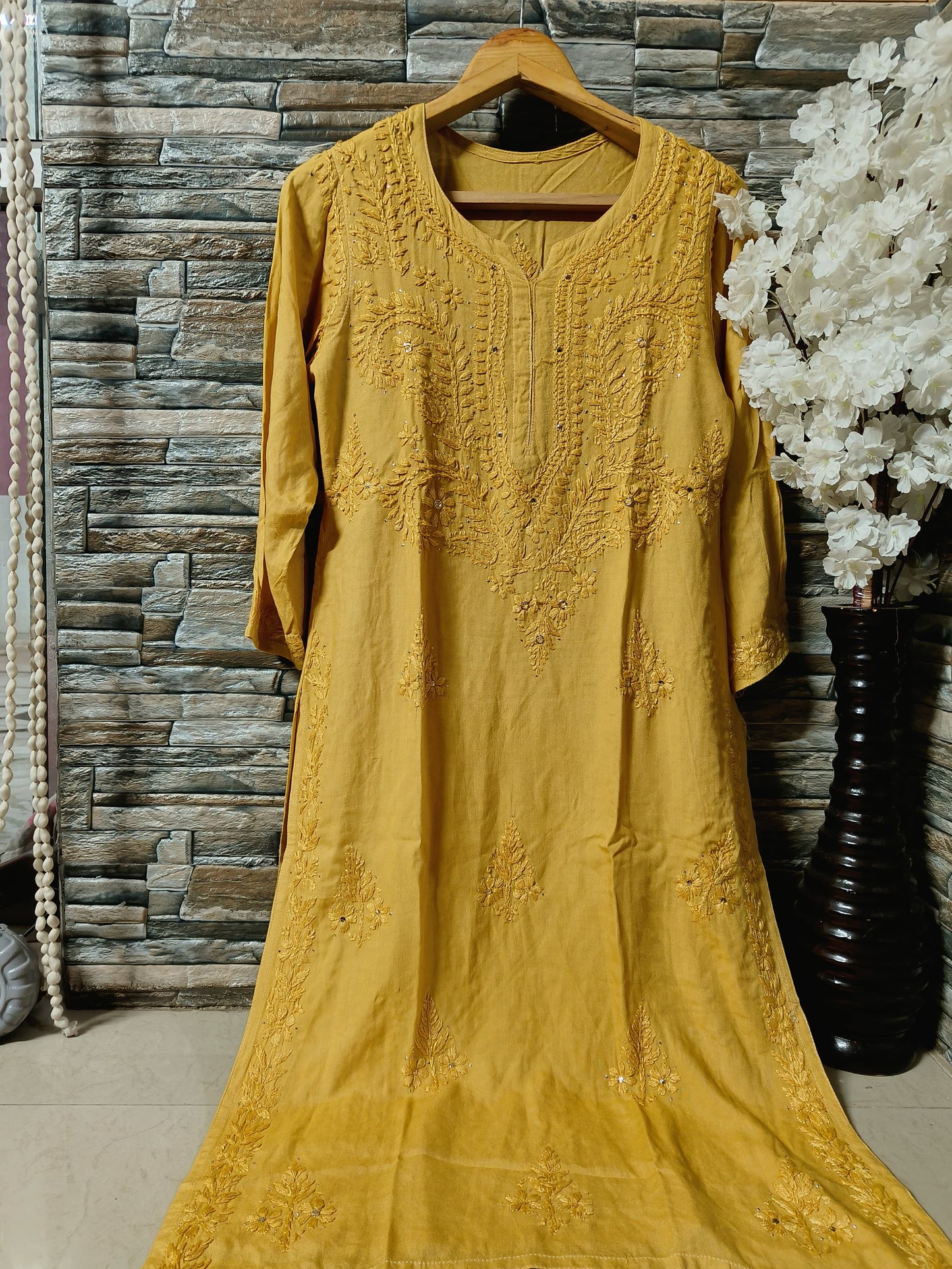 Rayon kurta with mukaish work and chikankari handwork