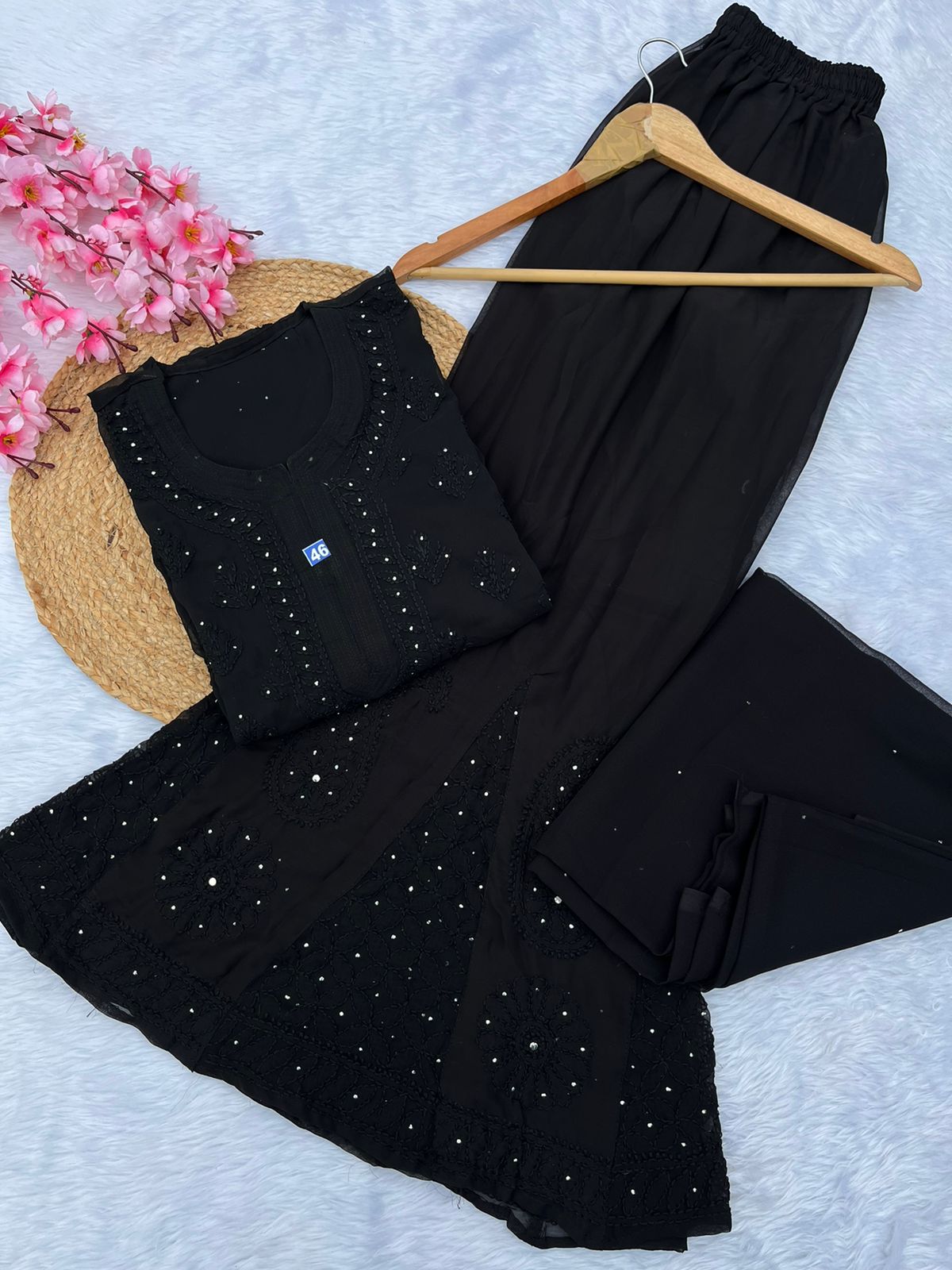 3pc georgette kurta, sharara and dupatta set with mukesh work