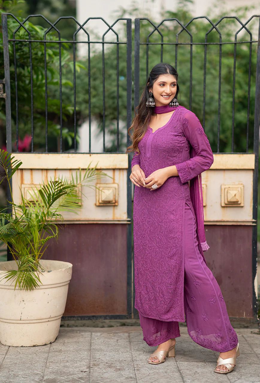 Viscose georgette 3pc set with Resham thread chikankari handwork