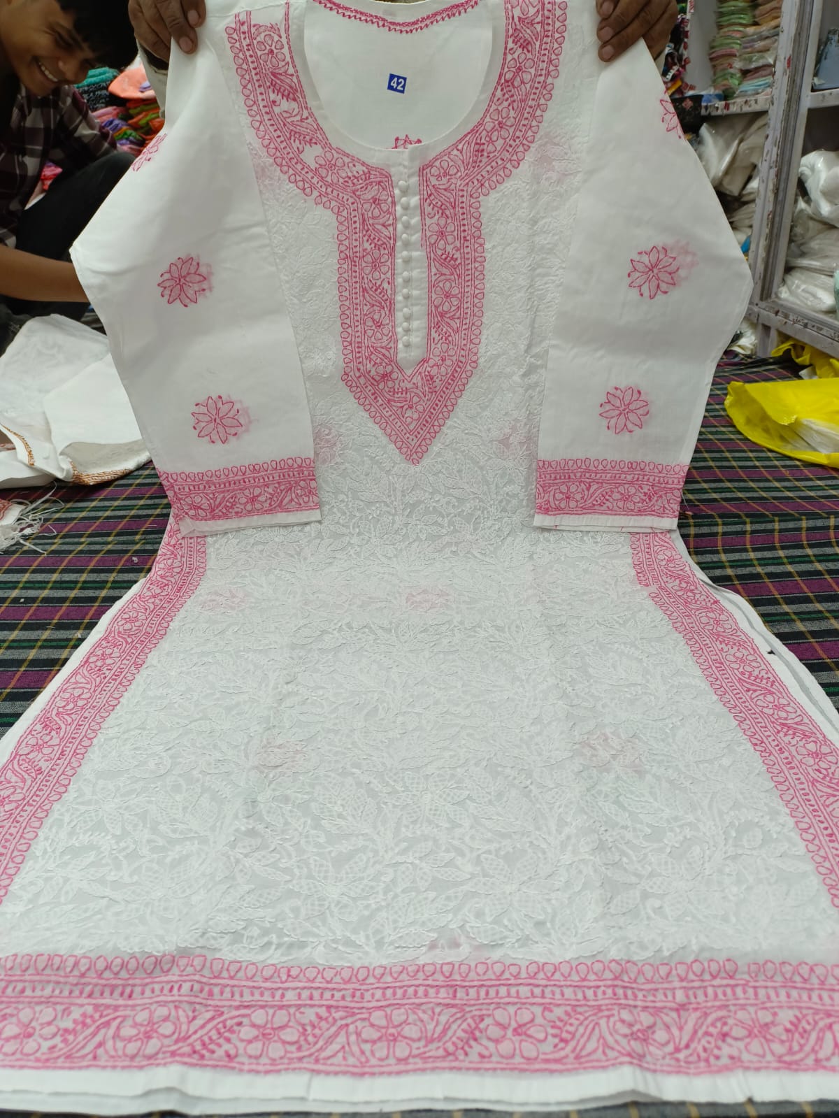 Voil cotton kurta with color thread chikankari on neck Daman and seleaves