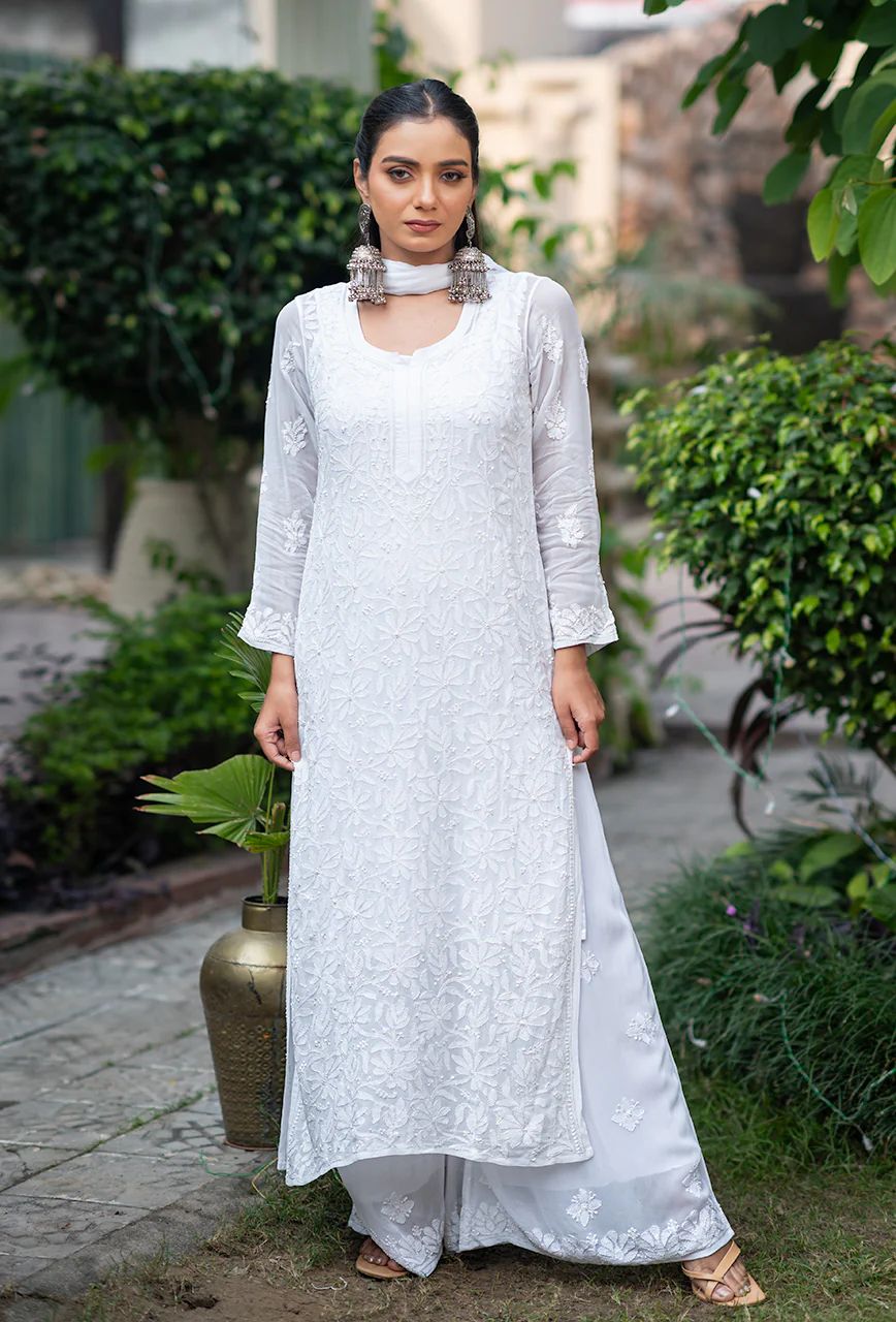 Viscose georgette 3pc set with Resham thread chikankari handwork
