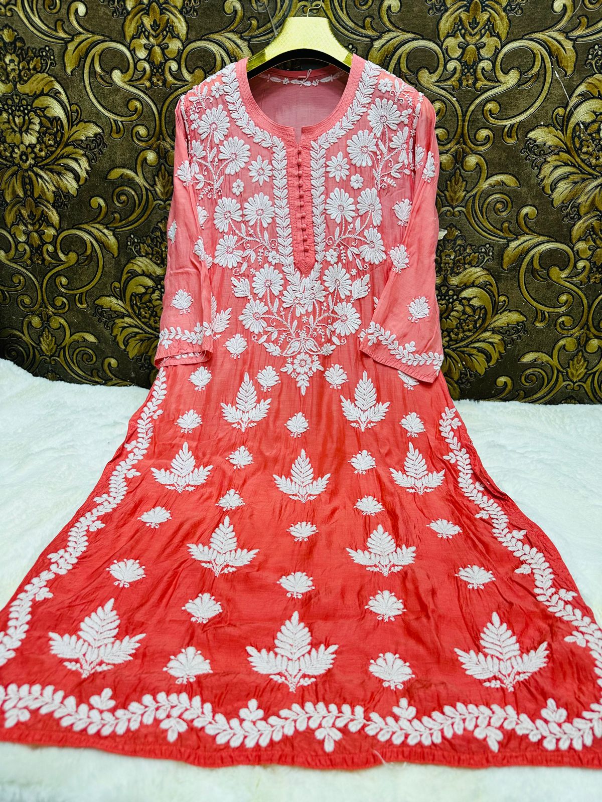 Muslin 3D chikankari handwork ombre dyed kurta
