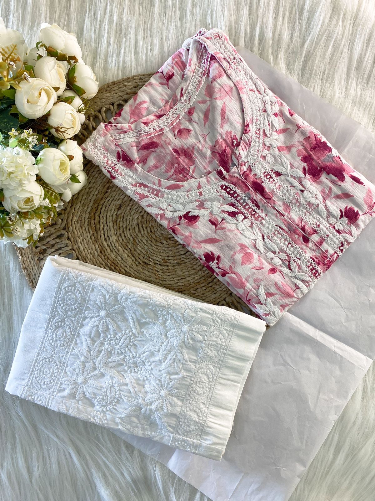 Mal mal kurta and pant with beautiful chikankari handwork