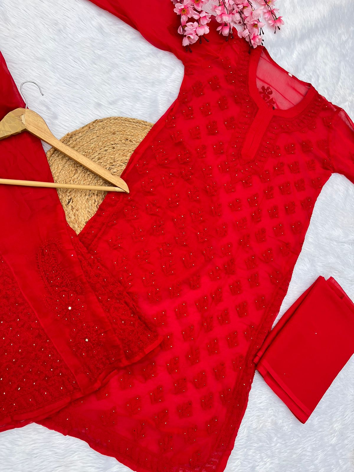 3pc georgette kurta, sharara and dupatta set with mukesh work