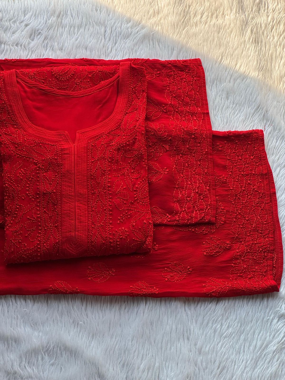 Viscose georgette 3pc set with Resham thread chikankari handwork