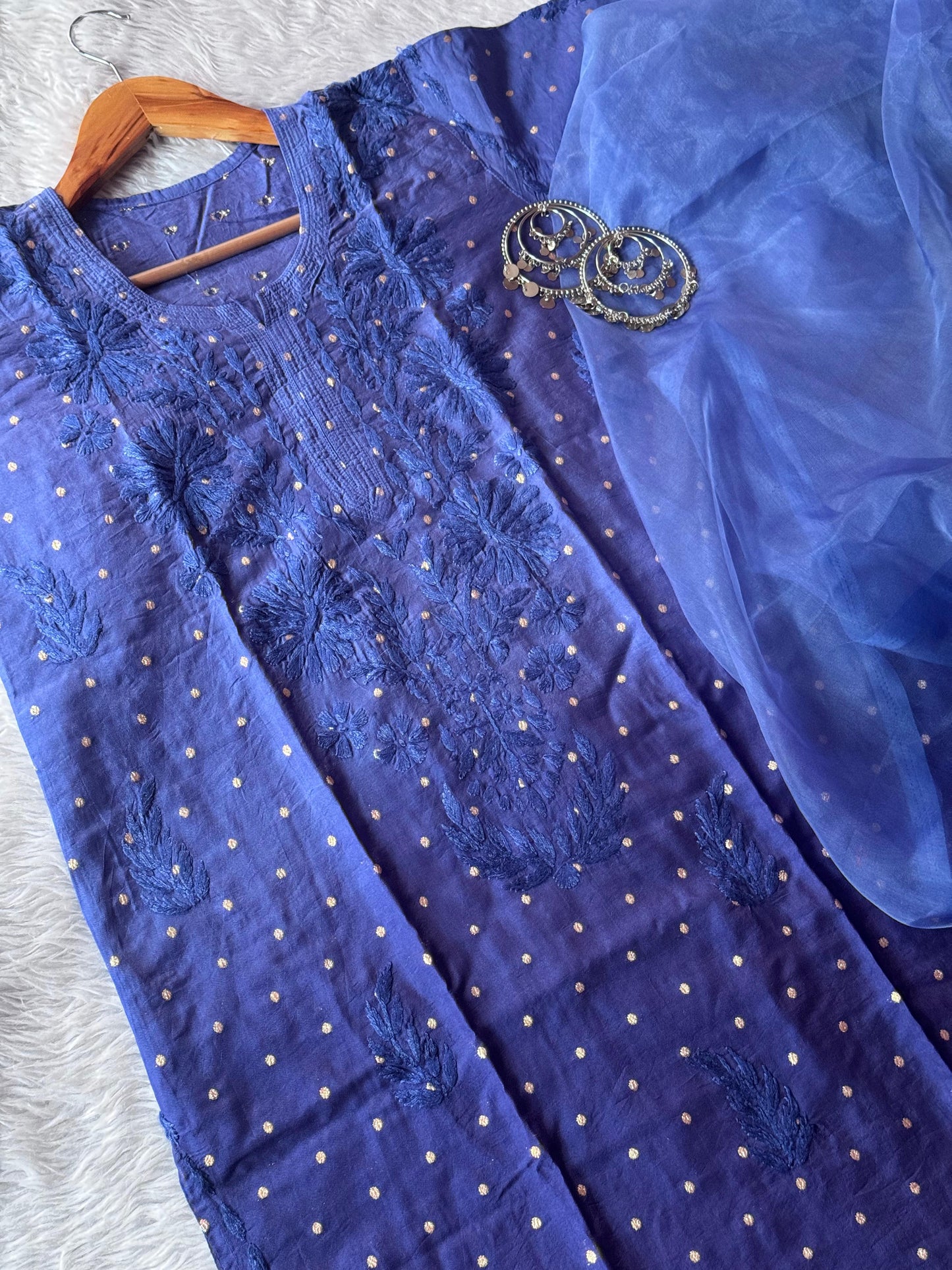 Chanderi golden polka dots with organza dupatta