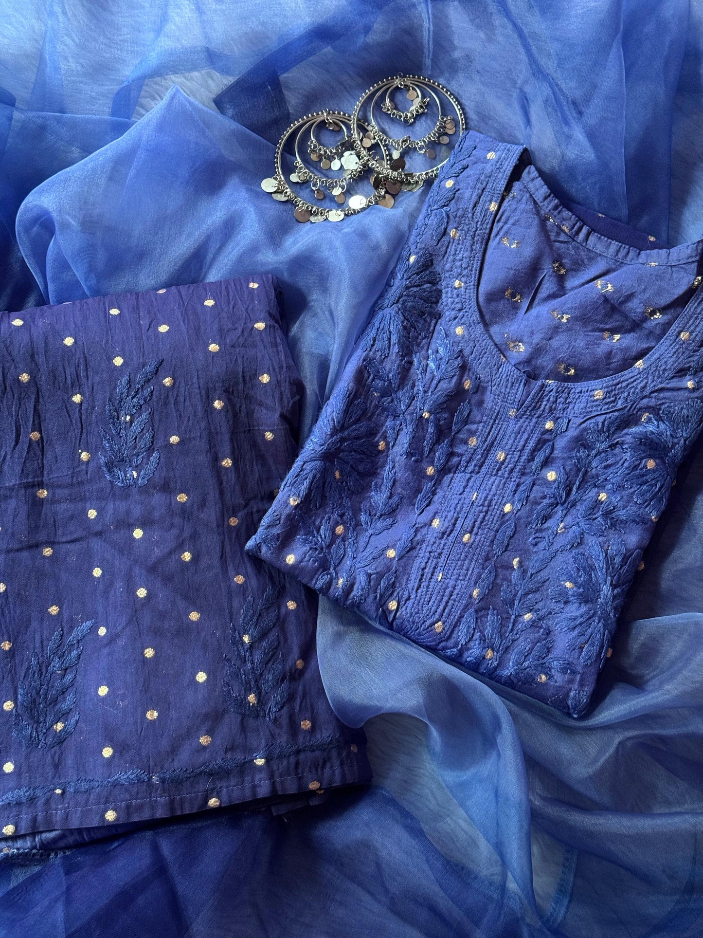 Chanderi golden polka dots with organza dupatta