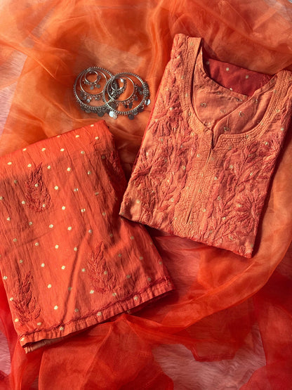 Chanderi golden polka dots with organza dupatta