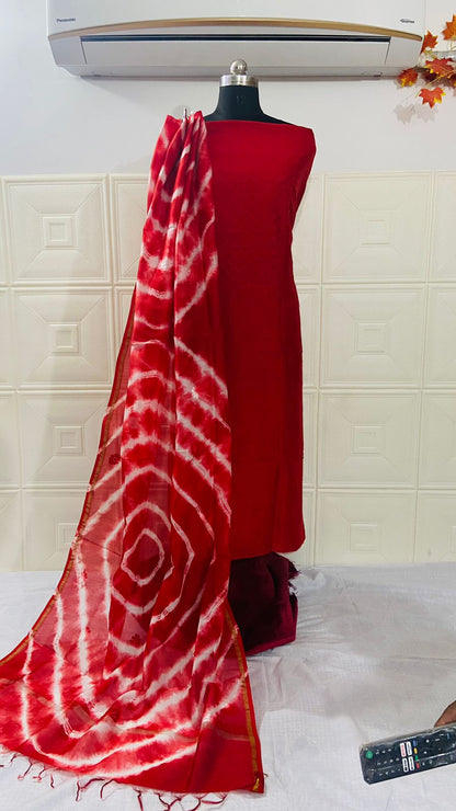 Pure Chanderi Silk Kurta Piece With Tie & Dye Dupatta