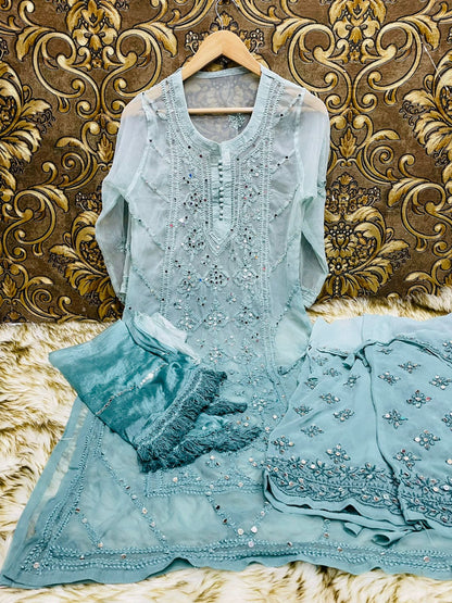 Georgette Mirror Kurti With Sharara And Dupatta