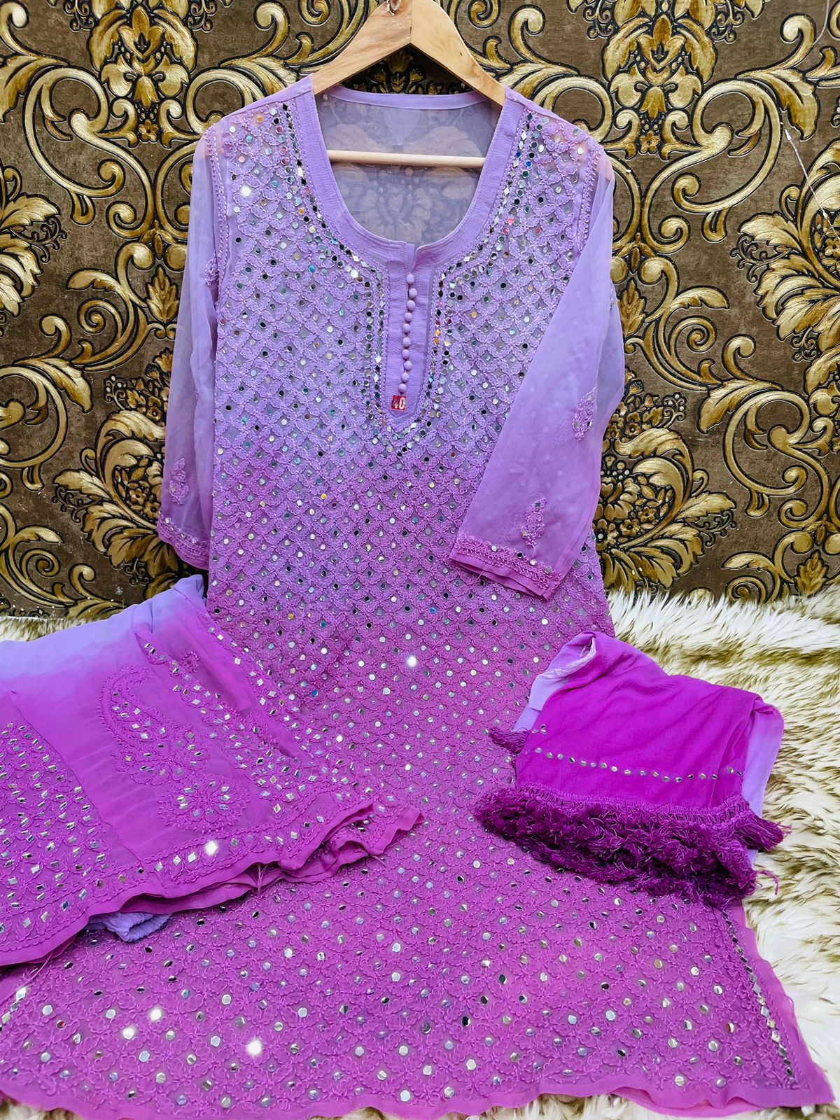 Georgette Chauptta Jaal Mirror Sharara  & Dupatta