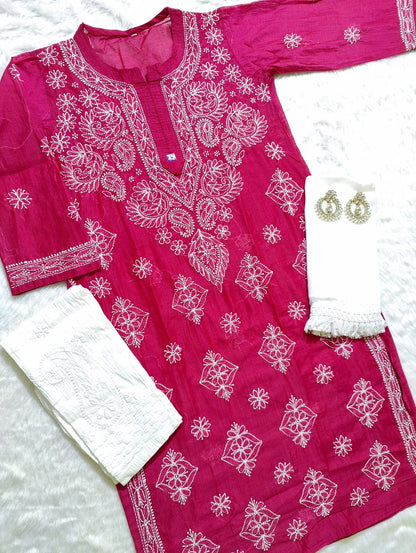 Chanderi Kurti With Pant & Dupatta