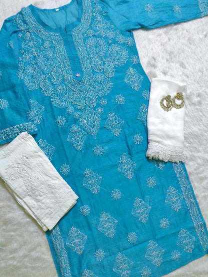 Chanderi Kurti With Pant & Dupatta